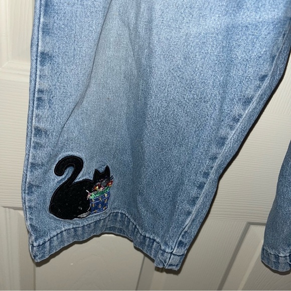 Vintage Cat Embroidered Blue Denim Pants Jeans KT Sport 31” M cropped retro - Picture 3 of 8